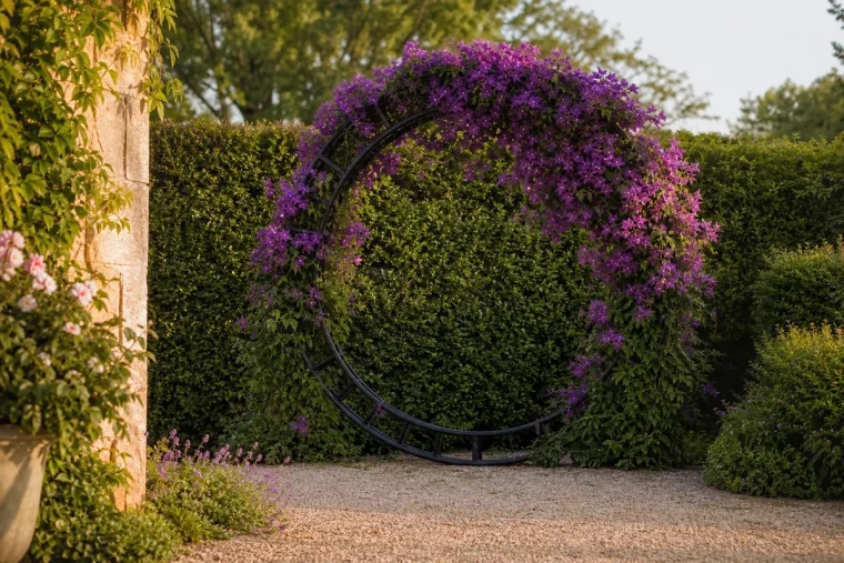 Cadre de trampoline recyclé en arche végétalisée avec clématites violettes à l'entrée d'un jardin