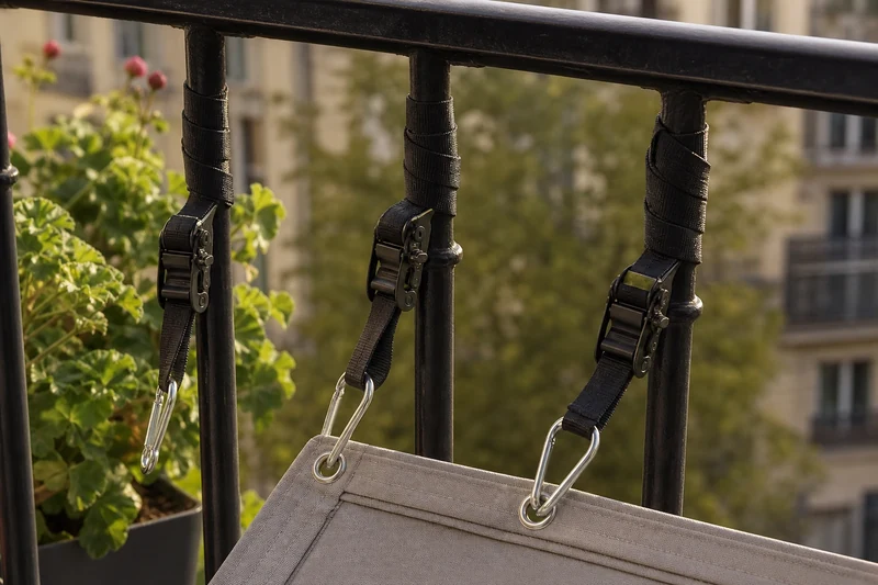 Accroche voile d'ombrage sur garde-corps de balcon avec sangles à cliquet et mousquetons inox