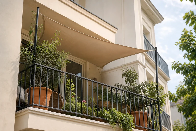 Balcon en copropriété française avec voile d'ombrage réversible fixée sur jardinières lestées