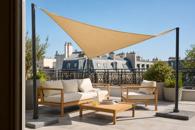 Voile d'ombrage triangulaire beige tendue sur trois mâts autoportants lestés au-dessus d'une terrasse française
