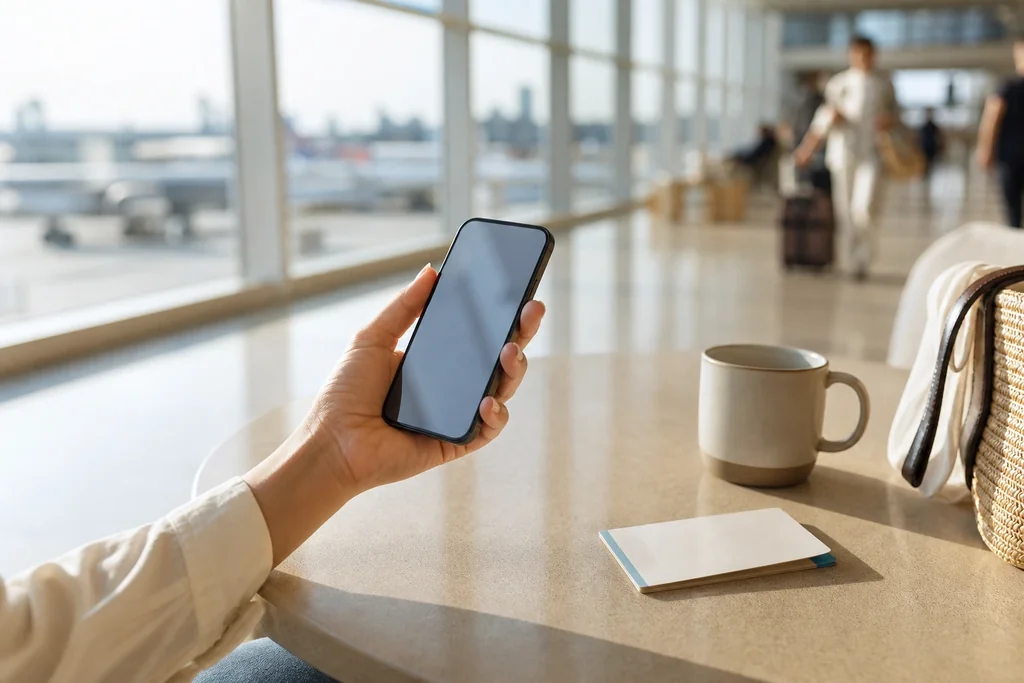 Main tenant un téléphone à une table de café dans un terminal d'aéroport